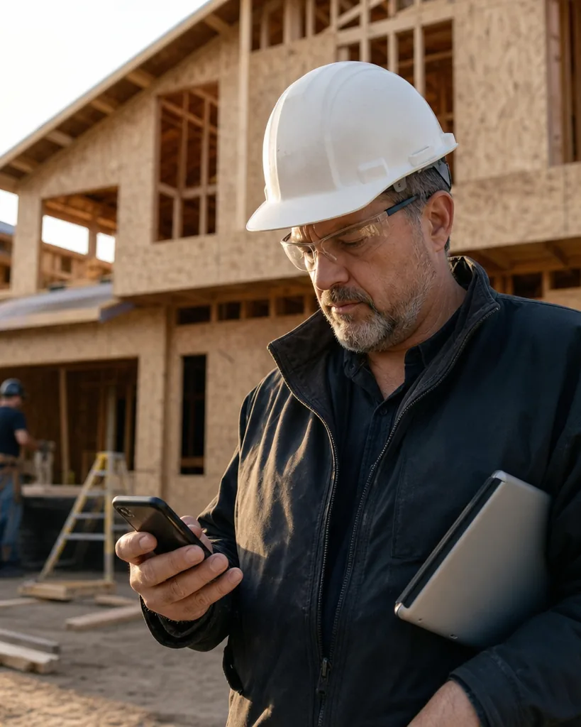 Estimator on a construction site answering email on a phone beside a framed building