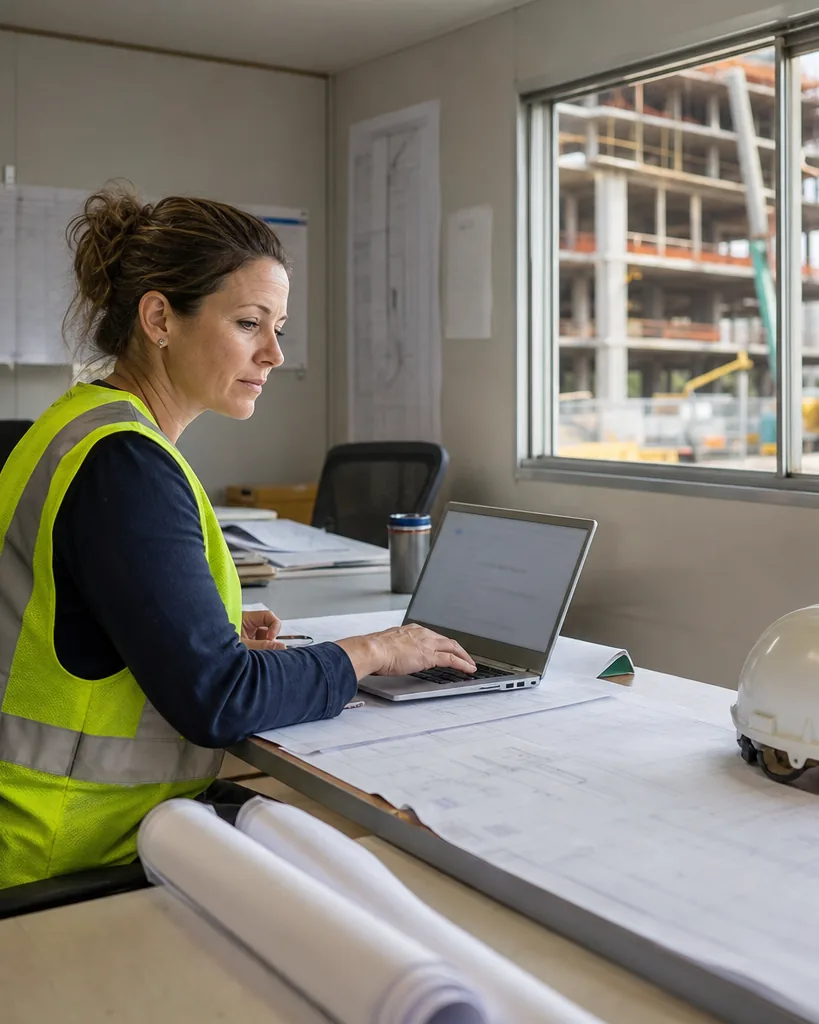 Project manager at a general contractor's site office reviewing plans next to a laptop