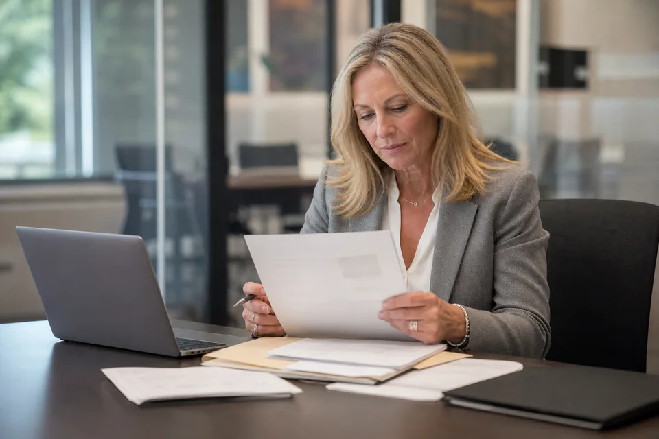 Compliance manager at a mortgage lender reviewing a checklist at a conference table