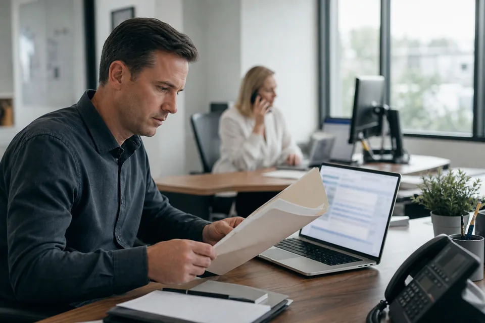 Loan officer reviewing a loan file at his desk in a mortgage brokerage office