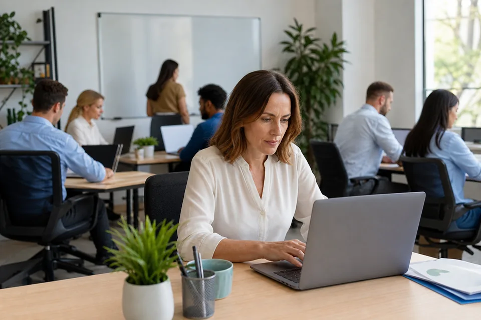 Office manager at a laptop in a small business office with colleagues working nearby