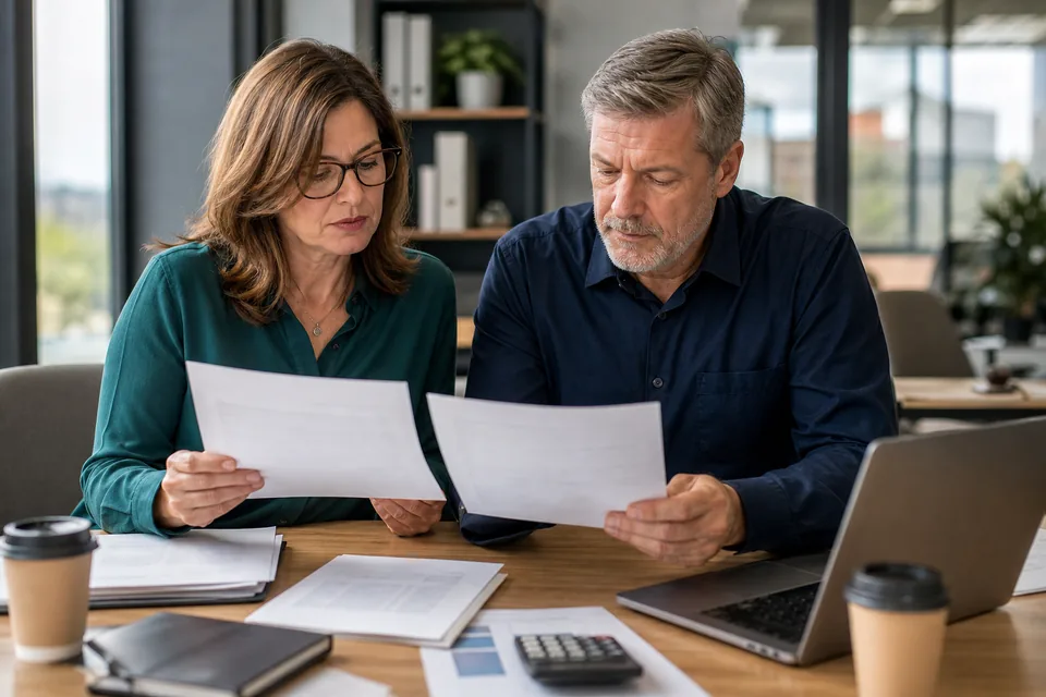 IT manager and finance lead comparing two software quotes at a desk with a laptop